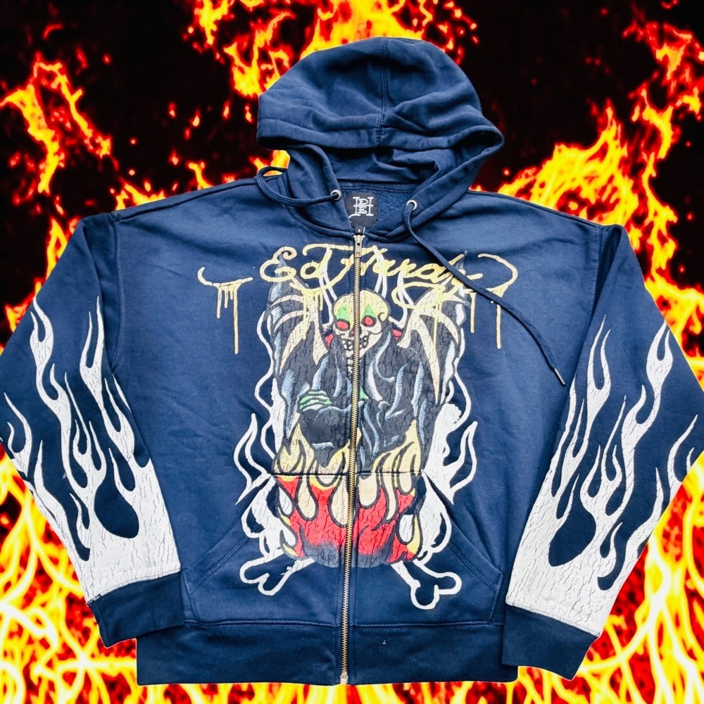 New Ed Hardy "Fire Lord"‎ Boxy Hoodie Adult Sz Small Faded Navy Style EHM1303-18